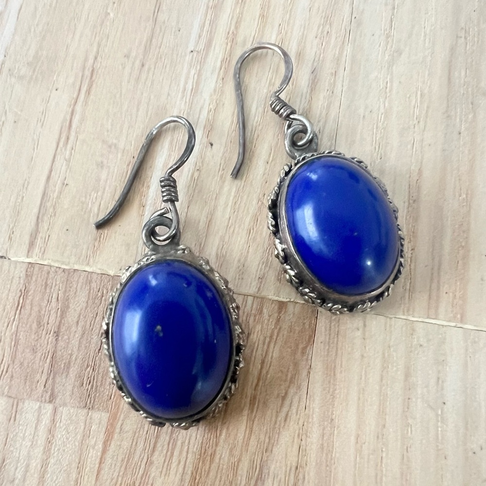 Artisan 925 Sterling silver blue stone cabochon dangle drop earrings